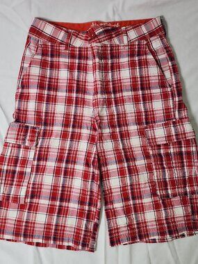 Roadblock Boys Plaid Cargo Shorts Size 18 Red White Checkered Y2K Skater